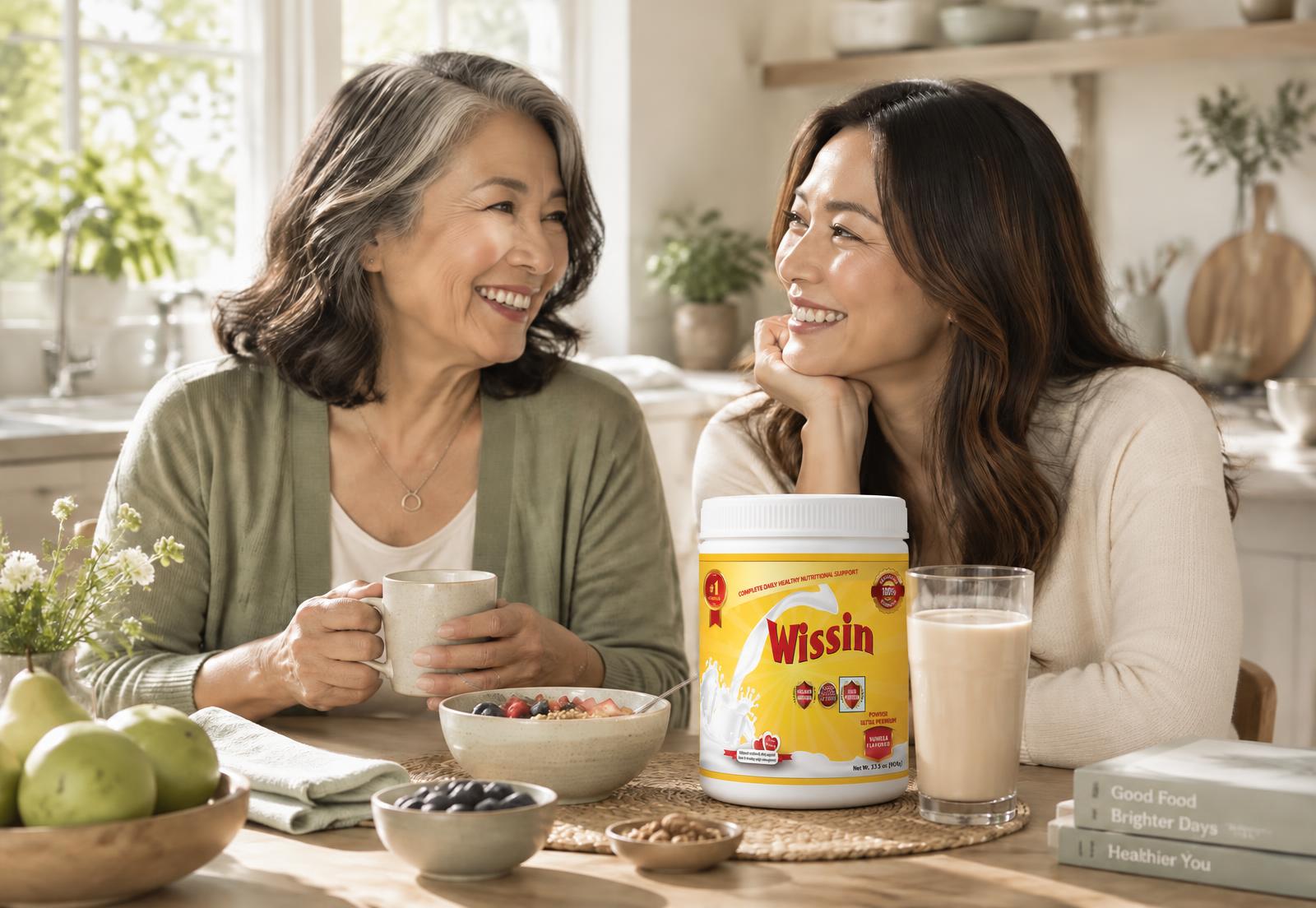 Mother and daughter enjoying breakfast with a WISSIN drink